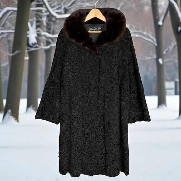 Women’s Black Persian Lamb Coat w Brown Mink Collar Flemington Furs Medium - Picture 1 of 12